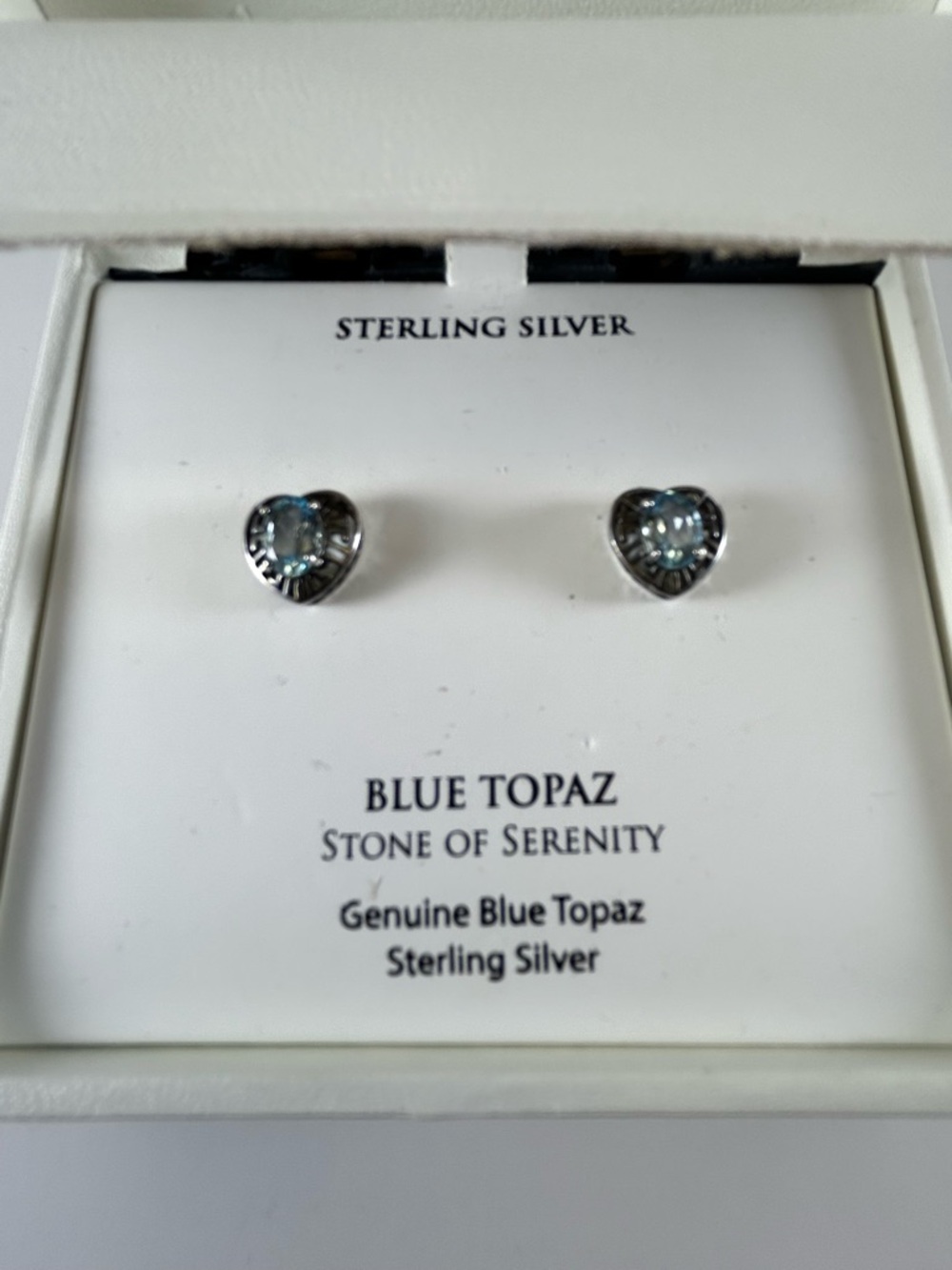 R. H. Macy’s Sterling Silver Blue Topaz Heart Stud Earrings - Picture 2 of 6